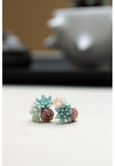 Handcrafted Succulent Bouquet Earrings – Blue, Pastel Rose & Mint
