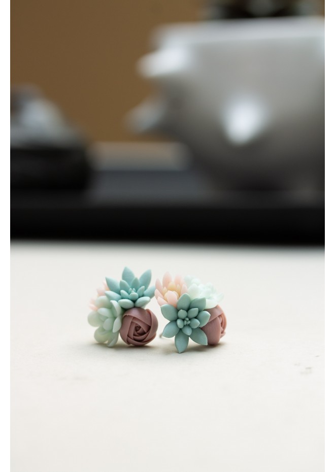 Succulent Bouquet Earrings – Handmade in Pastel Clay