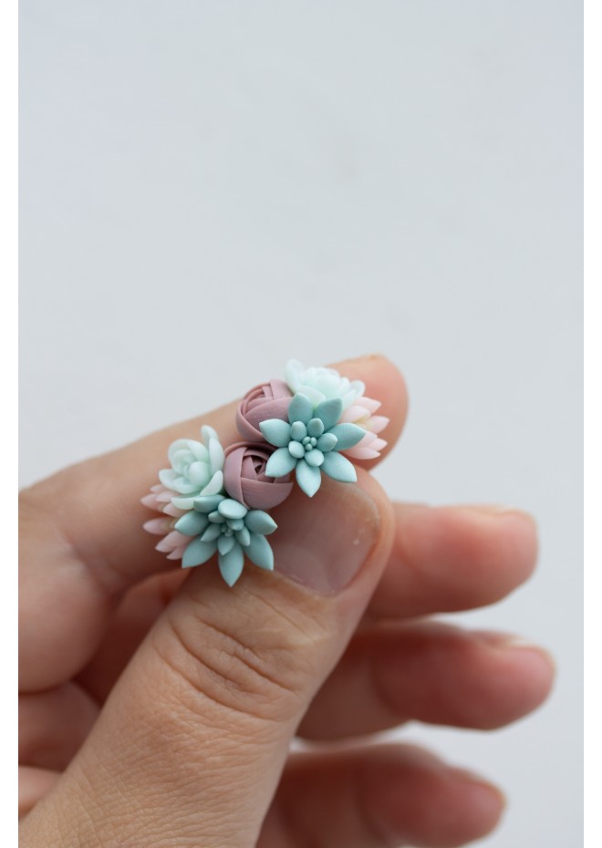 Succulent Bouquet Earrings – Handmade in Pastel Clay