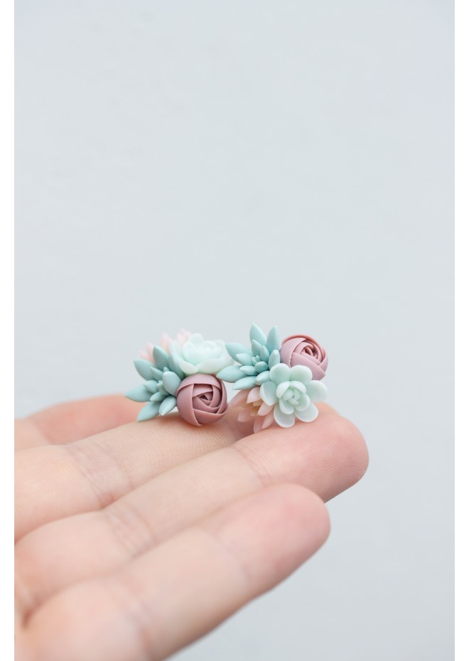 Succulent Bouquet Earrings – Handmade in Pastel Clay