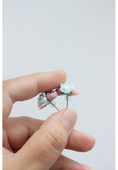 Handcrafted Succulent Bouquet Earrings – Blue, Pastel Rose & Mint