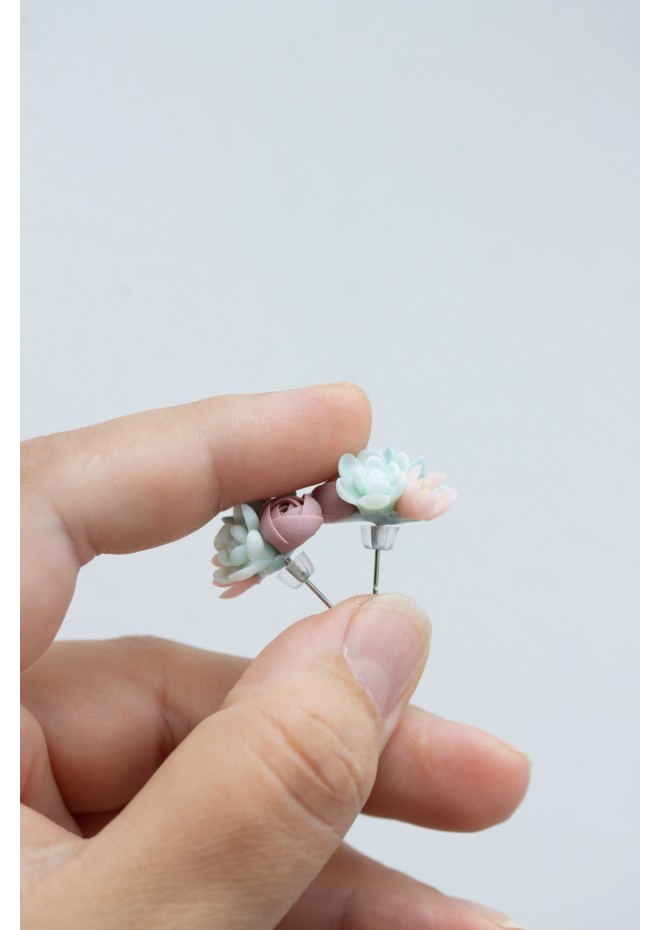 Succulent Bouquet Earrings – Handmade in Pastel Clay