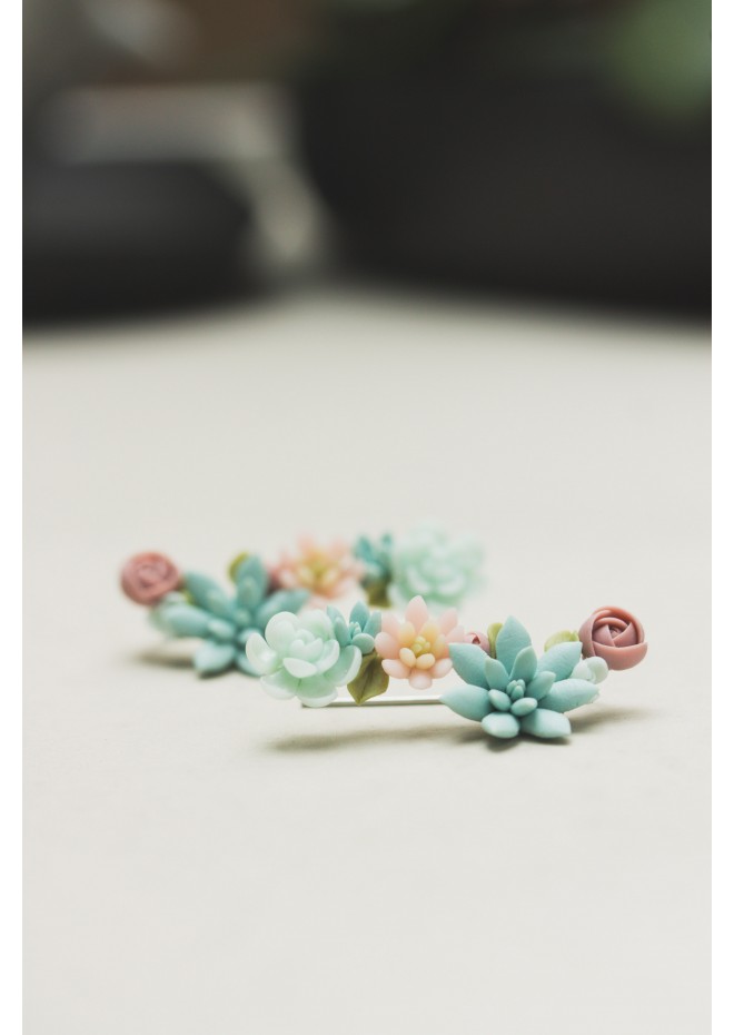Succulent Ear Climbers with Matching Studs – Handmade Pastel Clay Set