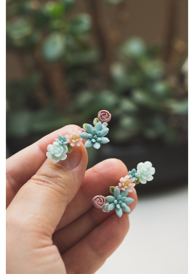 Succulent Ear Climbers with Matching Studs – Handmade Pastel Clay Set