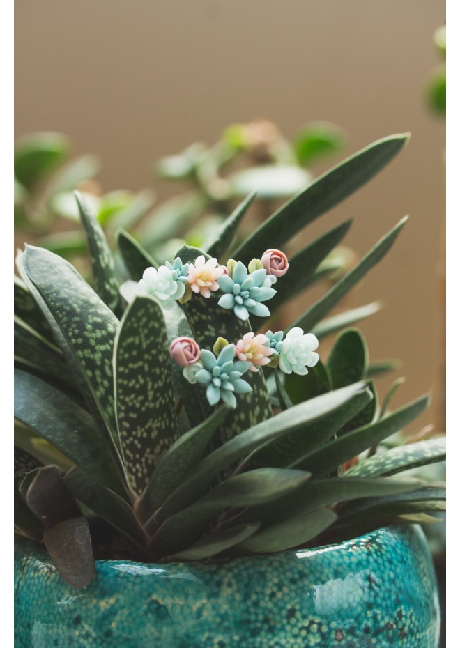 Succulent Ear Climbers with Matching Studs – Handmade Pastel Clay Set