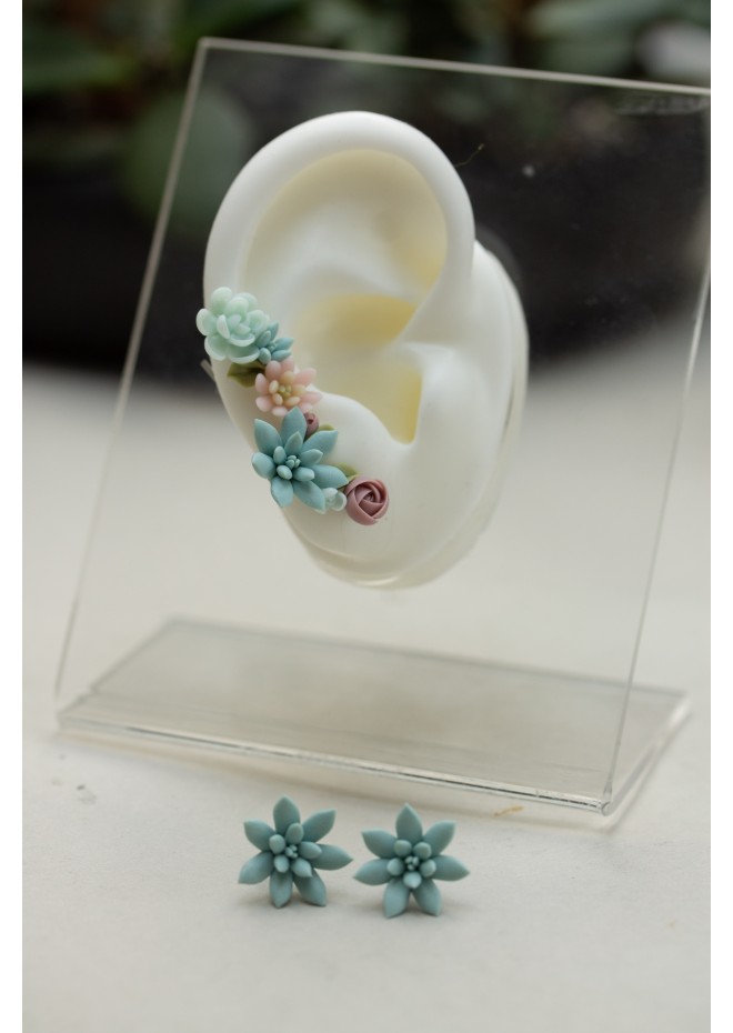 Succulent Ear Climbers with Matching Studs – Handmade Pastel Clay Set