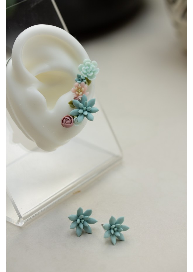 Succulent Ear Climbers with Matching Studs – Handmade Pastel Clay Set