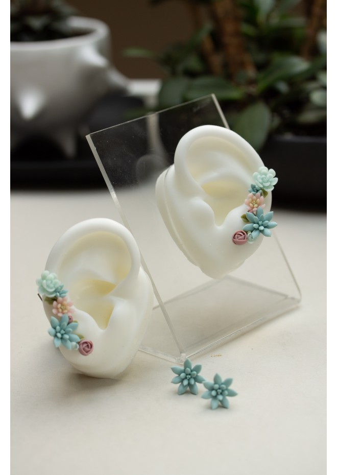 Succulent Ear Climbers with Matching Studs – Handmade Pastel Clay Set