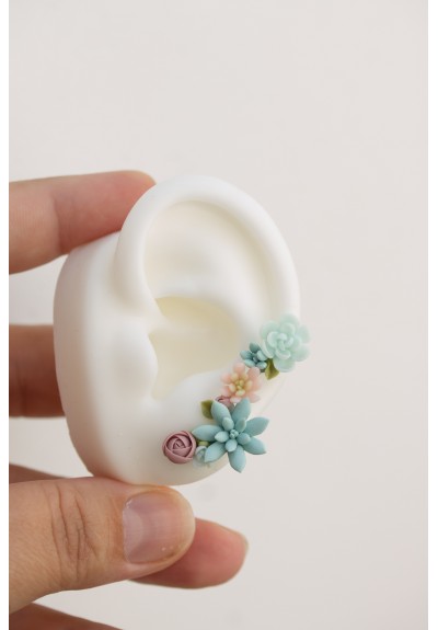 Succulent Ear Climber Set – Pastel Clay Cuffs + Studs