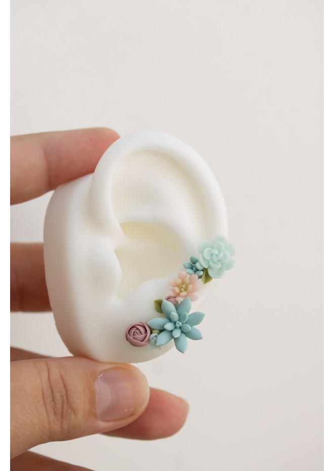 Succulent Ear Climbers with Matching Studs – Handmade Pastel Clay Set