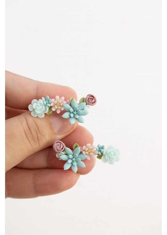 Succulent Ear Climbers with Matching Studs – Handmade Pastel Clay Set