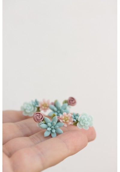 Succulent Ear Climber Set – Pastel Clay Cuffs + Studs