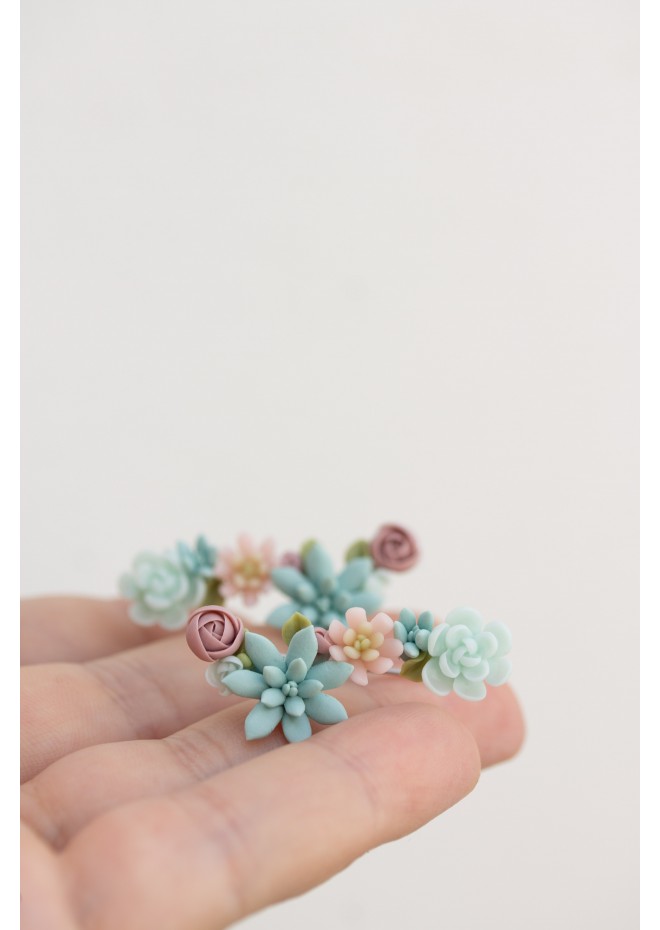 Succulent Ear Climbers with Matching Studs – Handmade Pastel Clay Set