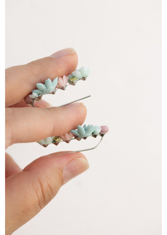 Succulent Ear Climbers with Matching Studs – Handmade Pastel Clay Set