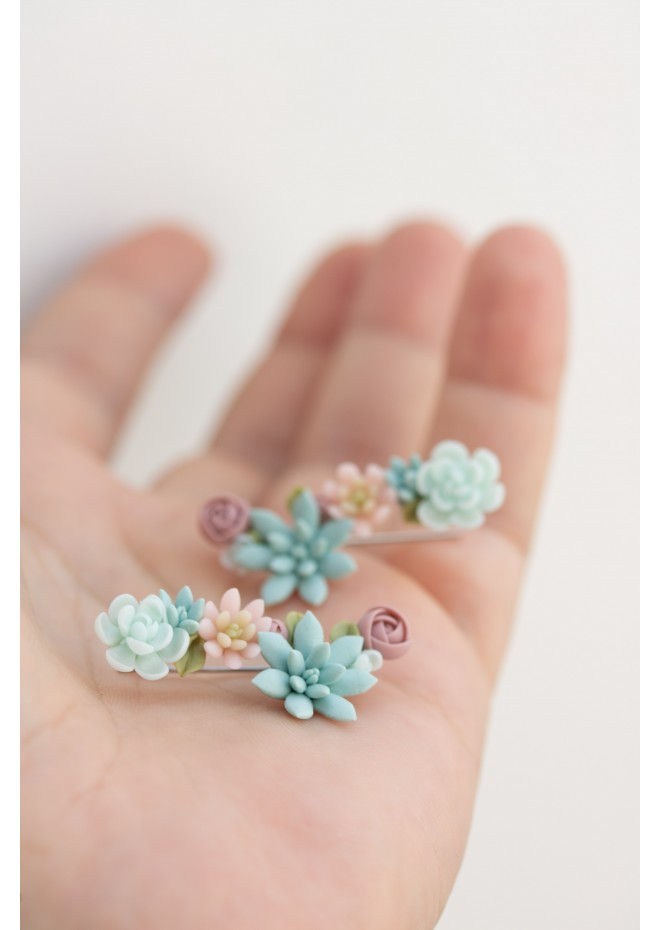 Succulent Ear Climbers with Matching Studs – Handmade Pastel Clay Set