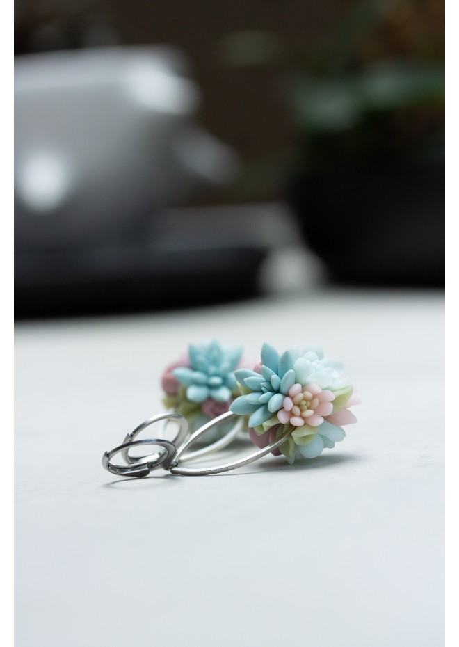 Pastel Succulent Drop Earrings – Handmade Floral Dangles
