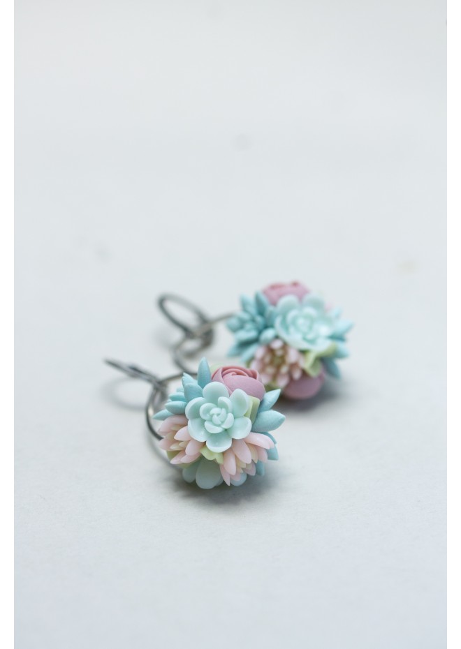 Pastel Succulent Drop Earrings – Handmade Floral Dangles