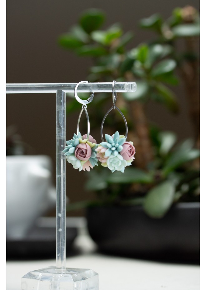 Pastel Succulent Drop Earrings – Handmade Floral Dangles