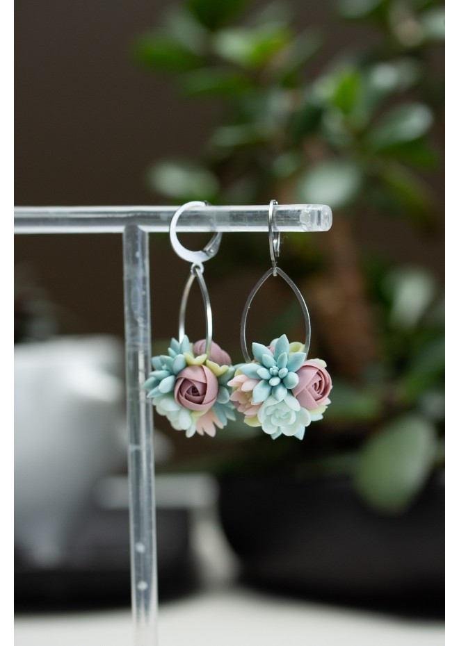 Pastel Succulent Drop Earrings – Handmade Floral Dangles
