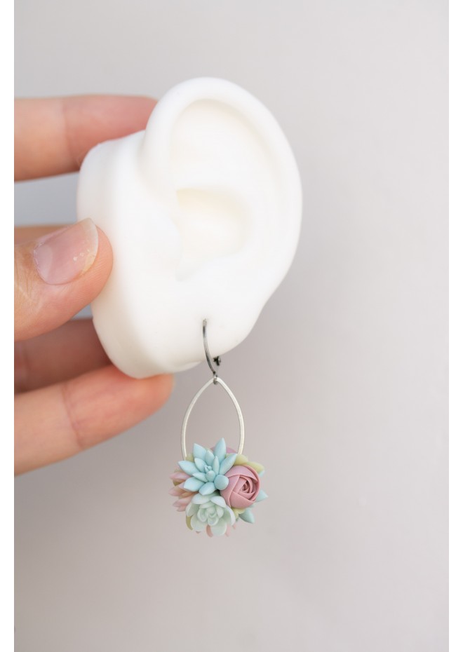 Pastel Succulent Drop Earrings – Handmade Floral Dangles