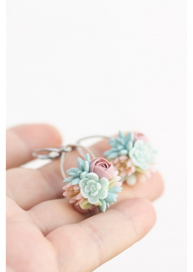 Pastel Succulent Drop Earrings – Handmade Floral Dangles
