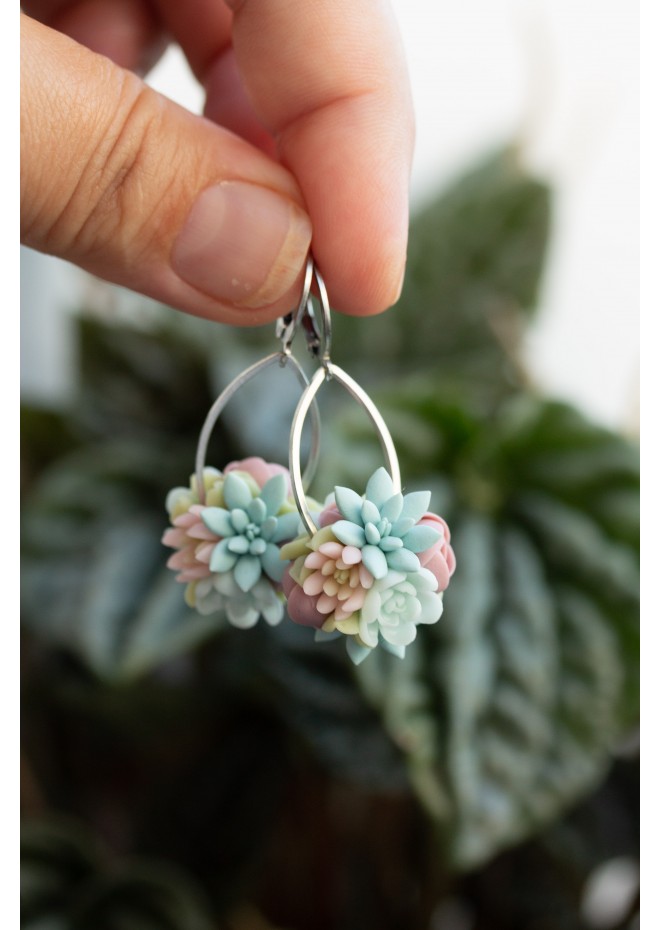 Pastel Succulent Drop Earrings – Handmade Floral Dangles
