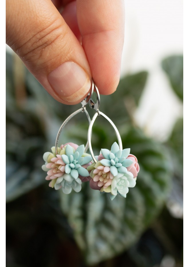 Pastel Succulent Drop Earrings – Handmade Floral Dangles