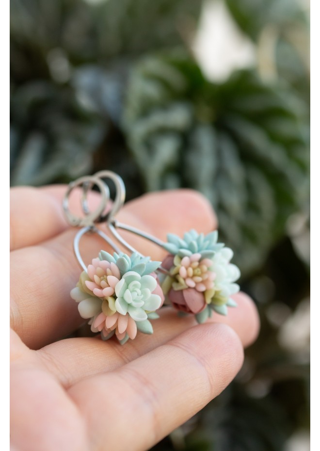 Pastel Succulent Drop Earrings – Handmade Floral Dangles
