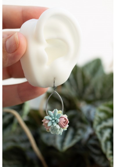 Pastel Succulent Drop Earrings – Summer-Inspired Clay Florals