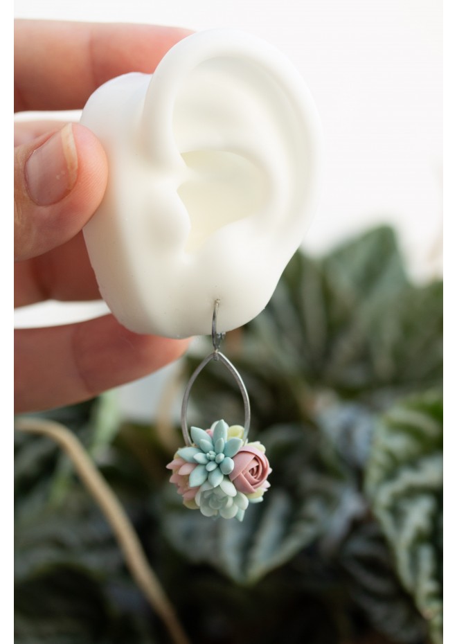 Pastel Succulent Drop Earrings – Handmade Floral Dangles