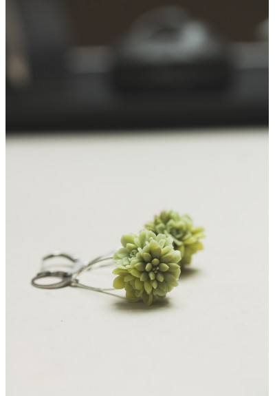 Green Succulent Dangle Earrings – Handmade Floral Drops in Warm Green Tones – Stainless Steel