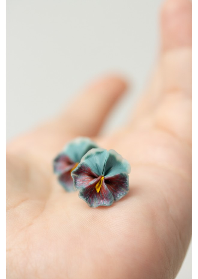 Blue Red  Pansy Stud Earrings | Handmade Hypoallergenic Flower Jewelry