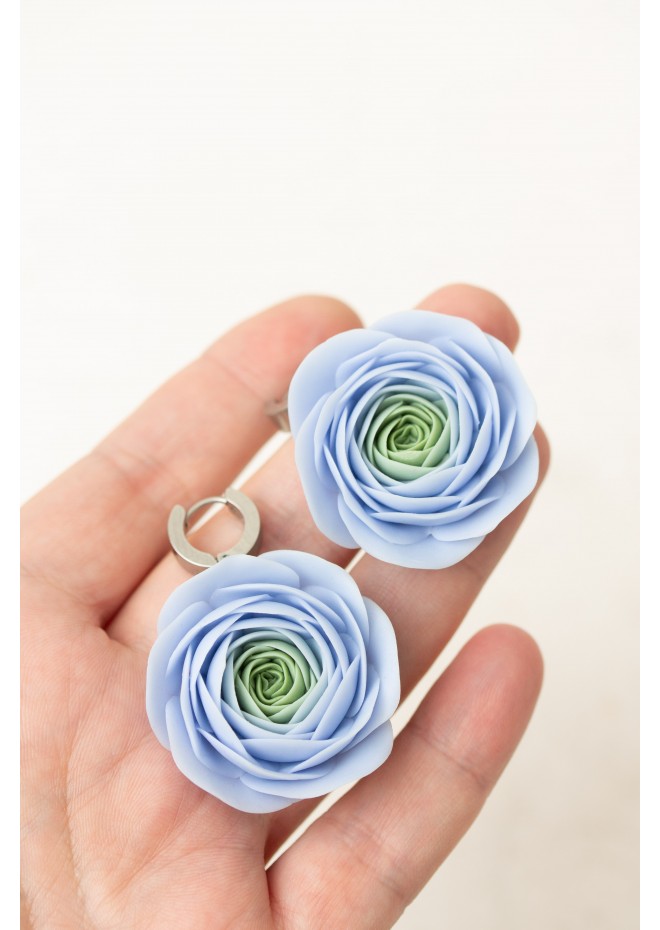 Handmade Blue Ranunculus Earrings – Bold Floral Jewelry