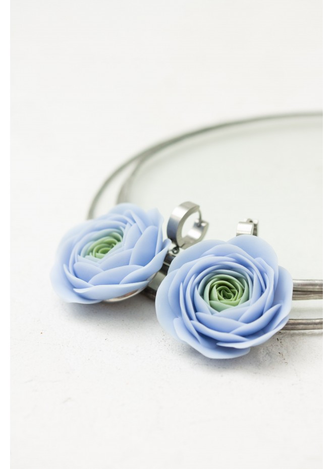 Handmade Blue Ranunculus Earrings – Bold Floral Jewelry