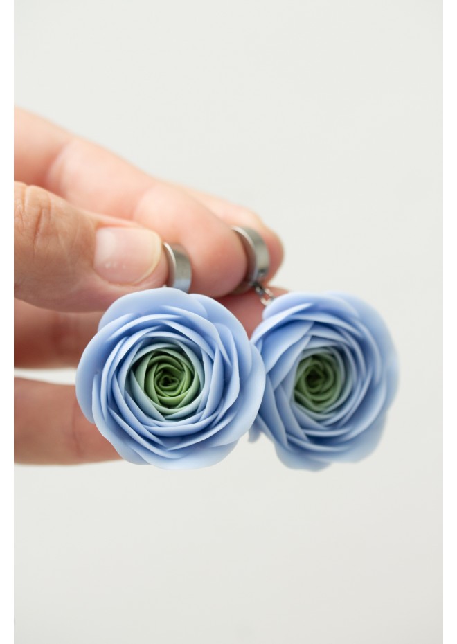 Handmade Blue Ranunculus Earrings – Bold Floral Jewelry