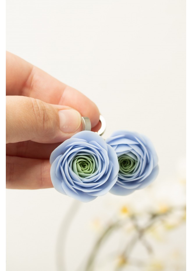 Handmade Blue Ranunculus Earrings – Bold Floral Jewelry