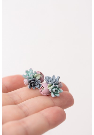 Handcrafted Succulent Bouquet Earrings – Blue, Pastel Rose & Mint