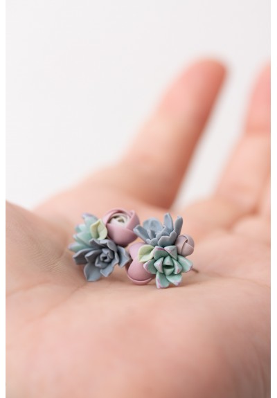 Handcrafted Succulent Bouquet Earrings – Blue, Pastel Rose & Mint