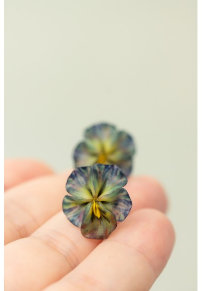 Handmade Pansy Stud Earrings in Green