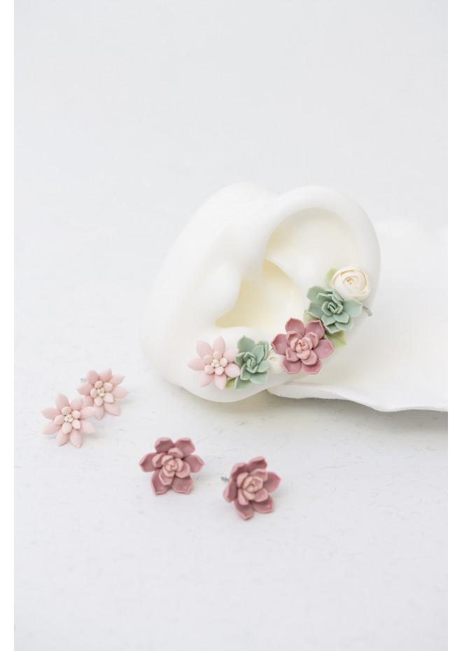 Versatile Succulent Ear Cuffs with Matching Studs – Hypoallergenic Jewelry Set