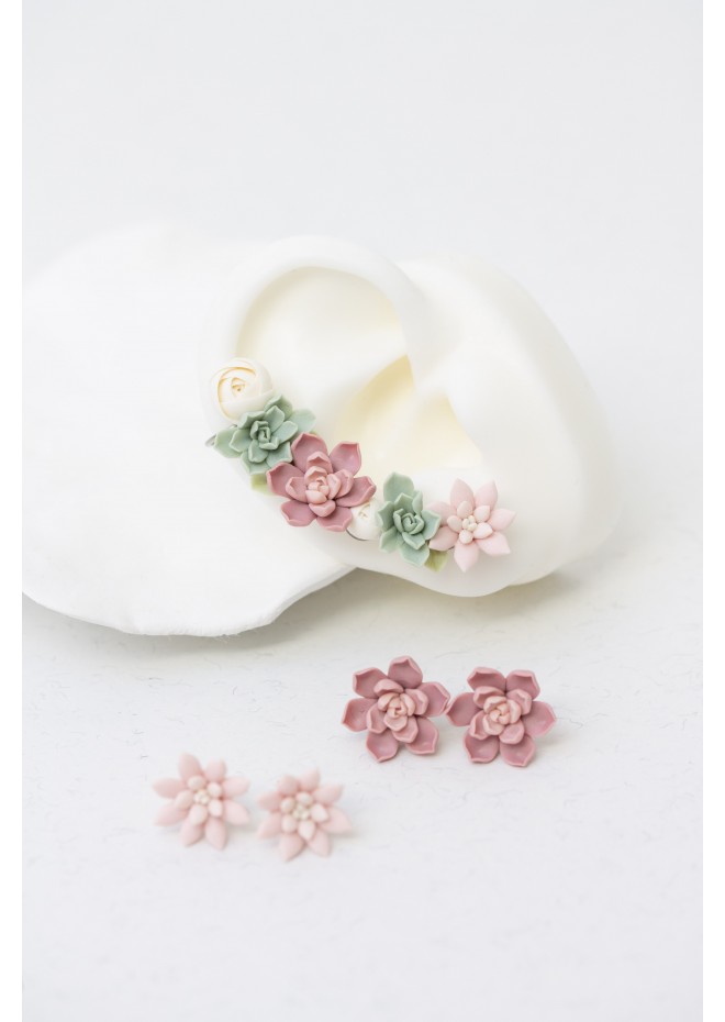 Versatile Succulent Ear Cuffs with Matching Studs – Hypoallergenic Jewelry Set