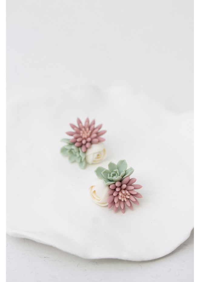 Succulent Bouquet Earrings – Handmade in Pastel Clay