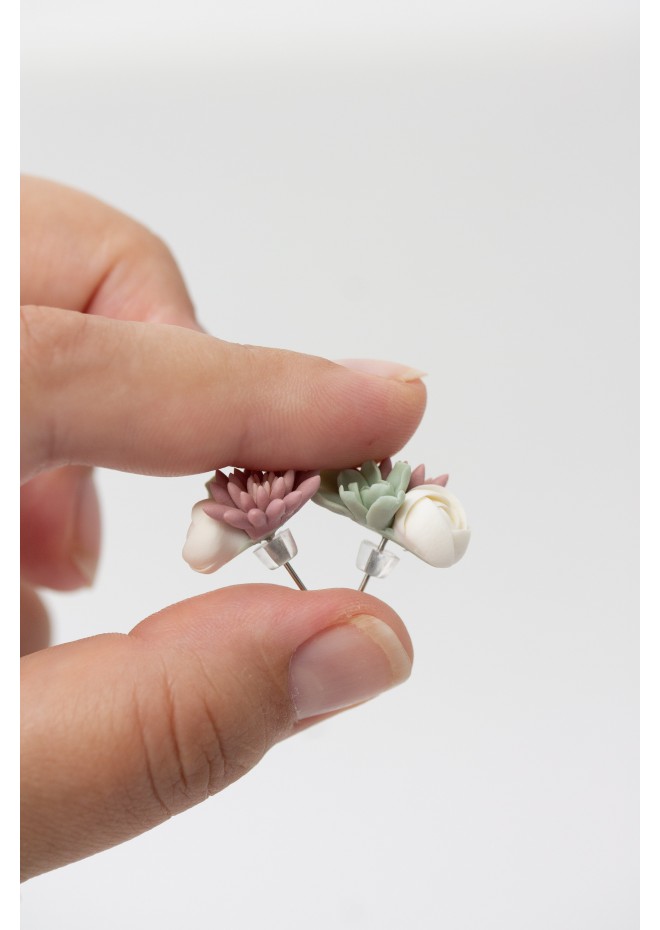 Succulent Bouquet Earrings – Handmade in Pastel Clay