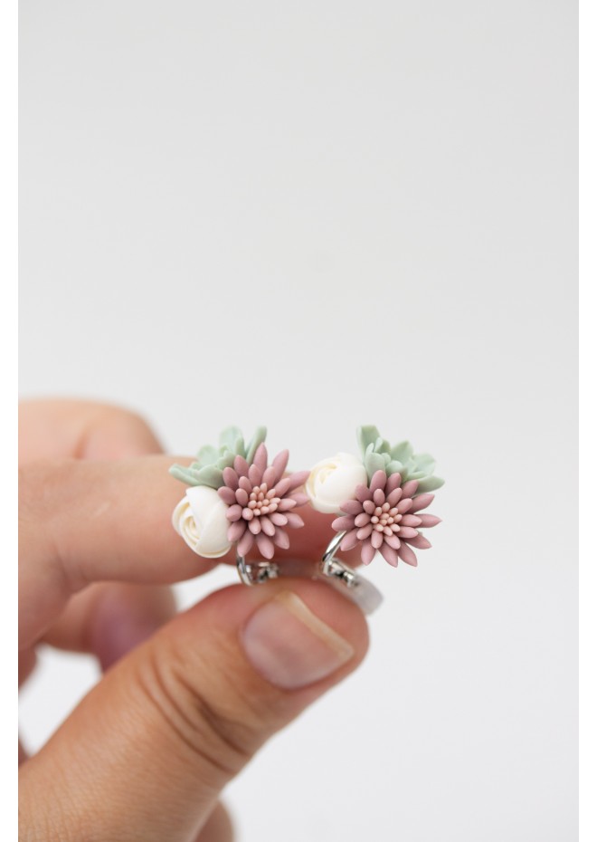 Succulent Bouquet Earrings – Handmade in Pastel Clay