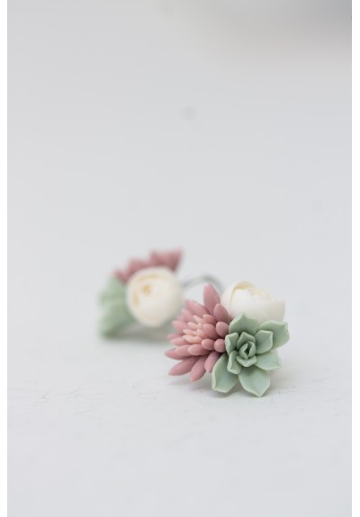 Handcrafted Succulent Bouquet Earrings – pink, green, ivory