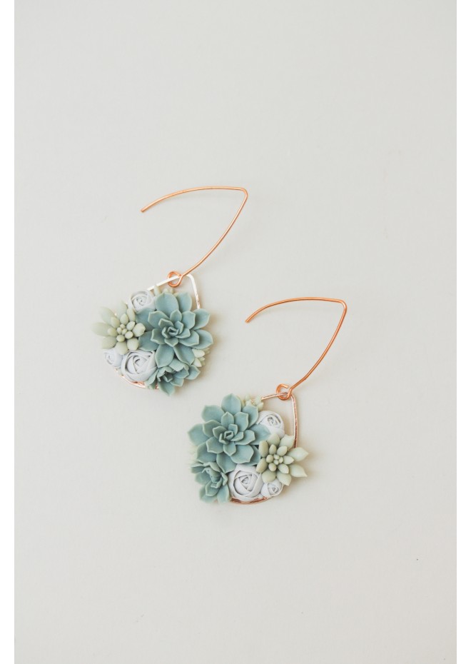 Handmade Gray‑Green Succulent Earrings (Polymer Clay, Rose Gold)