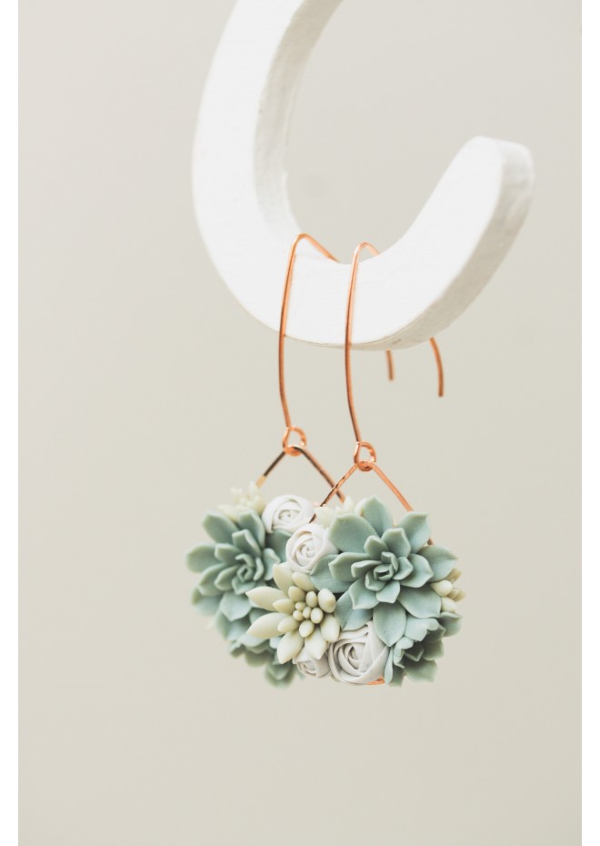 Handmade Gray‑Green Succulent Earrings (Polymer Clay, Rose Gold)