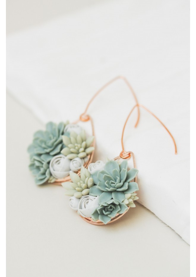 Handmade Gray‑Green Succulent Earrings (Polymer Clay, Rose Gold)