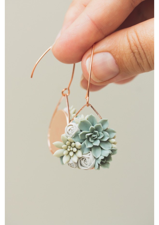Handmade Gray‑Green Succulent Earrings (Polymer Clay, Rose Gold)
