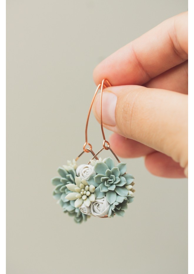Handmade Gray‑Green Succulent Earrings (Polymer Clay, Rose Gold)